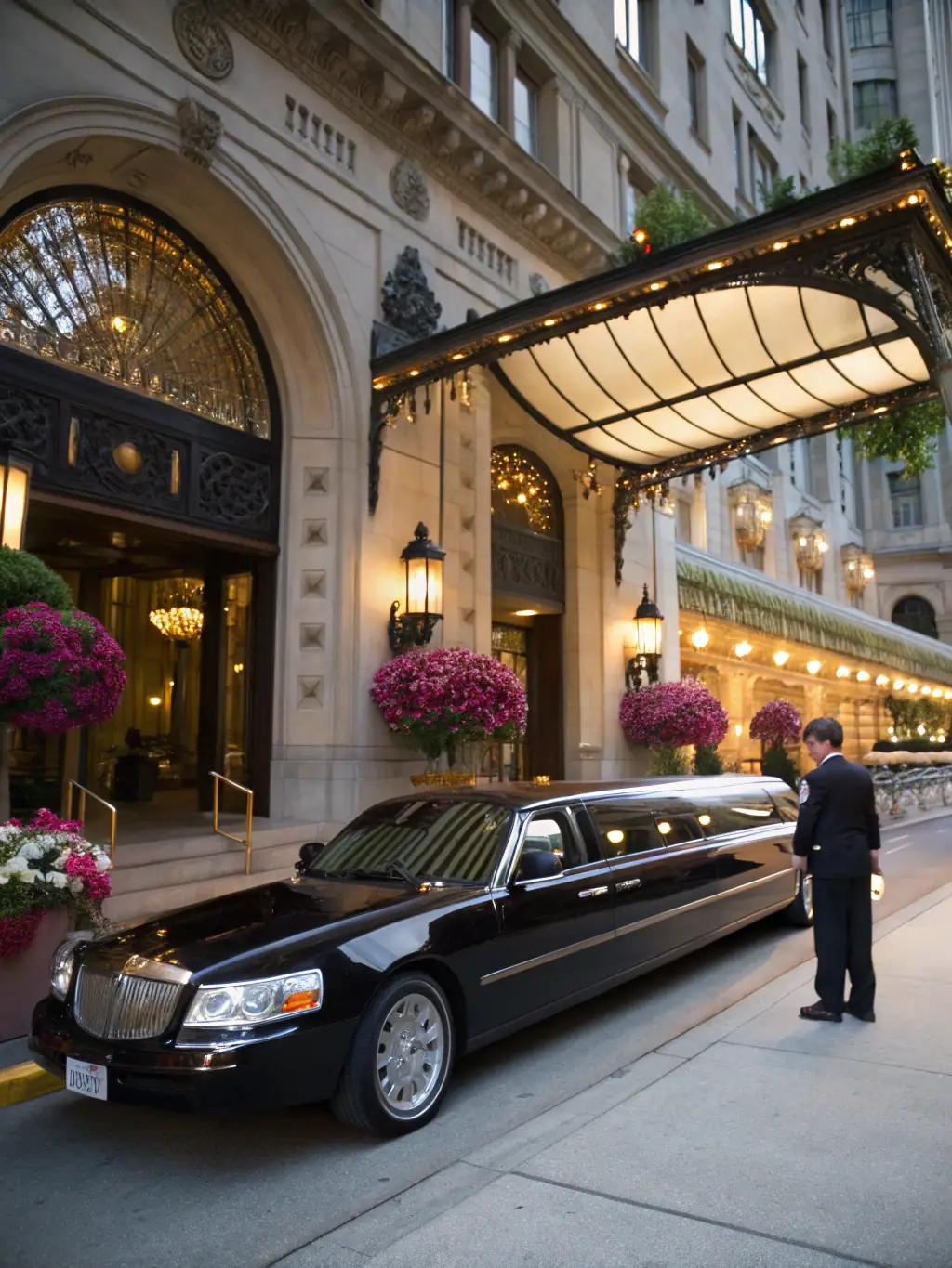 A sleek black stretch limousine parked in front of a luxury hotel at night, showcasing its elegant design and ambient lighting.
