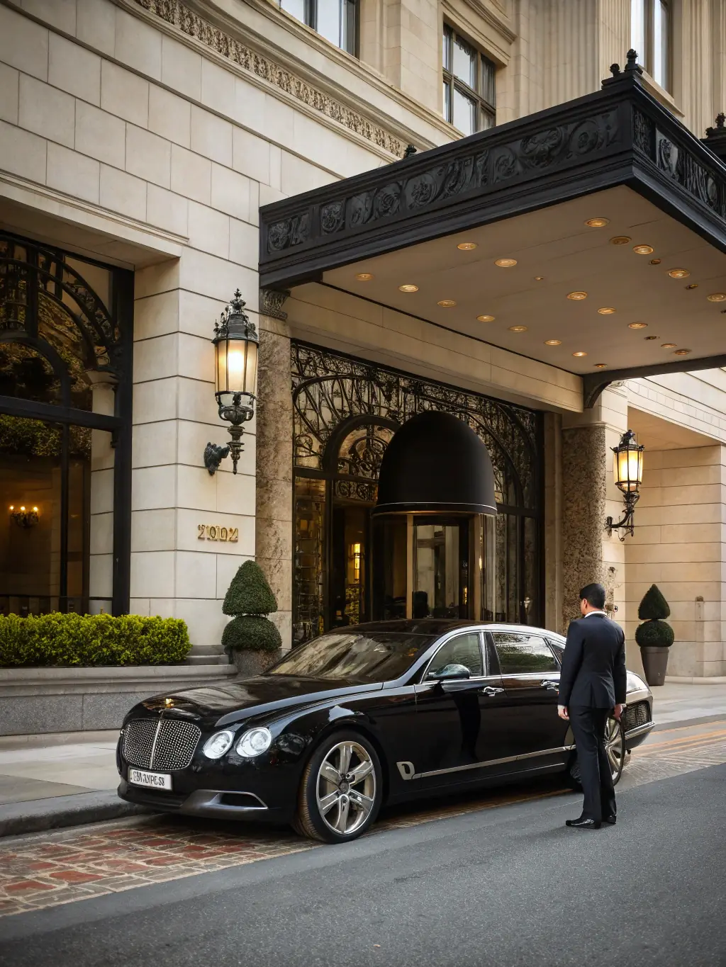 A professional chauffeur in uniform standing next to a luxury sedan, emphasizing the reliability and professionalism of the service.